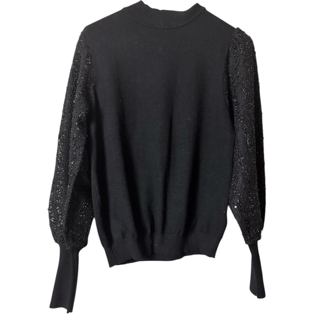 Nanette Lepore Crew Neck Black Sweater with Glitter Sleeves Sz M NWT